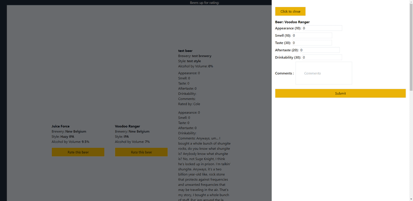 an image depicting a greyer background half which contains a few listed beers to be rated, and a bright modal open on the right with a form for rating.