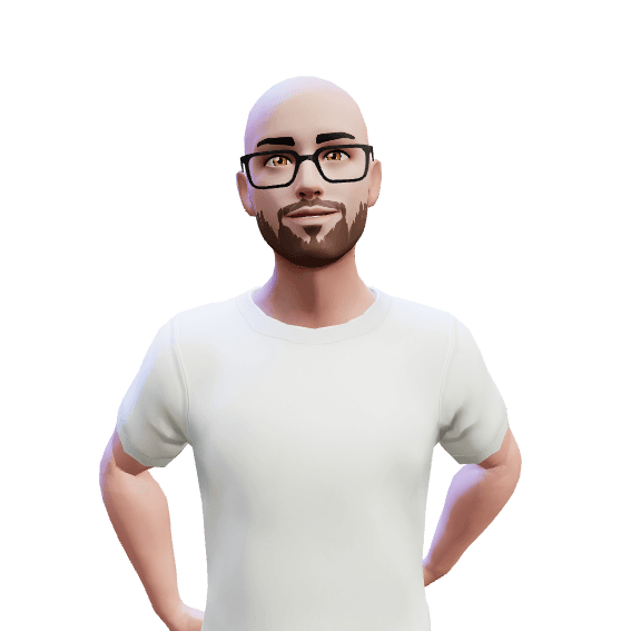 3d digital representation of smiling bald bearded man with glasses (me)